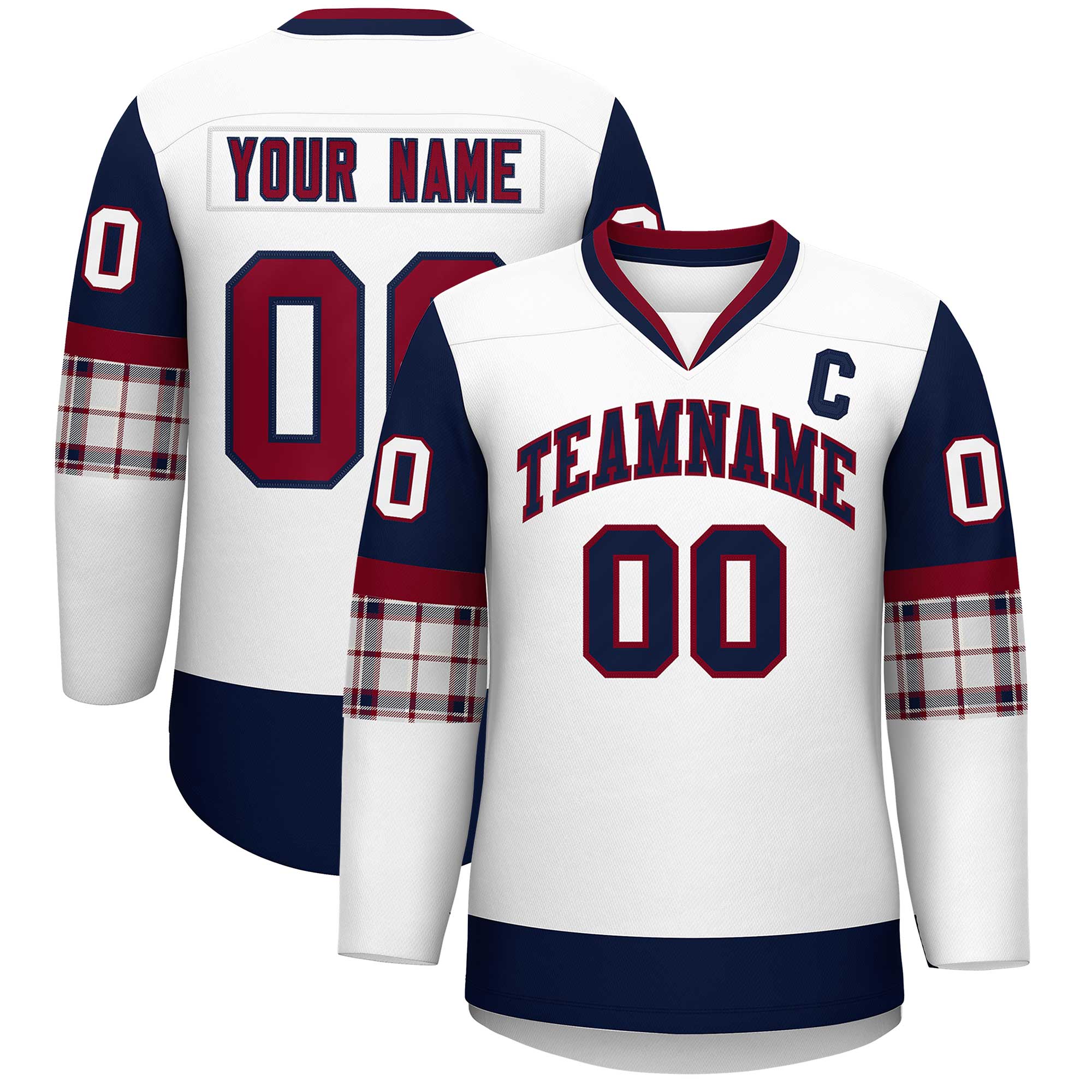 Custom White Navy-Crimson Personalized Raglan Sleeves V-Neck Hockey Jersey | KXKSHOP