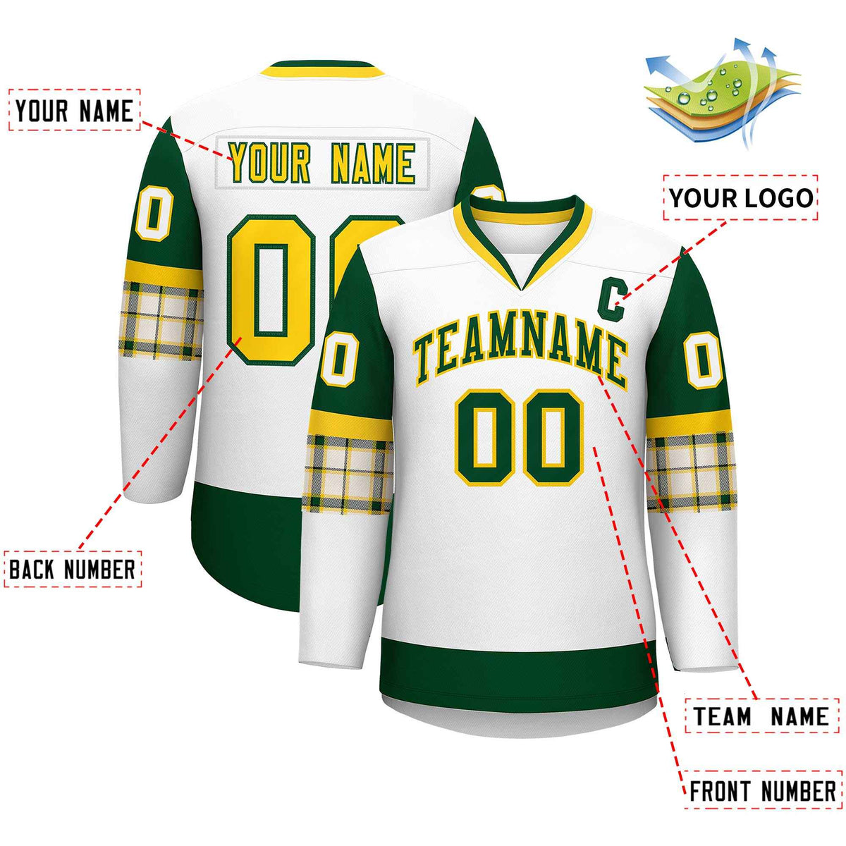 Custom White Green-Yellow Personalized Raglan Sleeves V-Neck Hockey Jersey | KXKSHOP