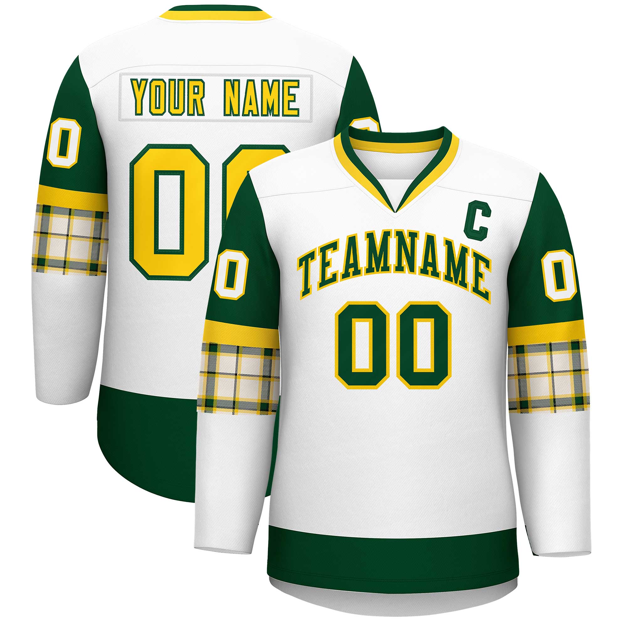 Custom White Green-Yellow Personalized Raglan Sleeves V-Neck Hockey Jersey | KXKSHOP