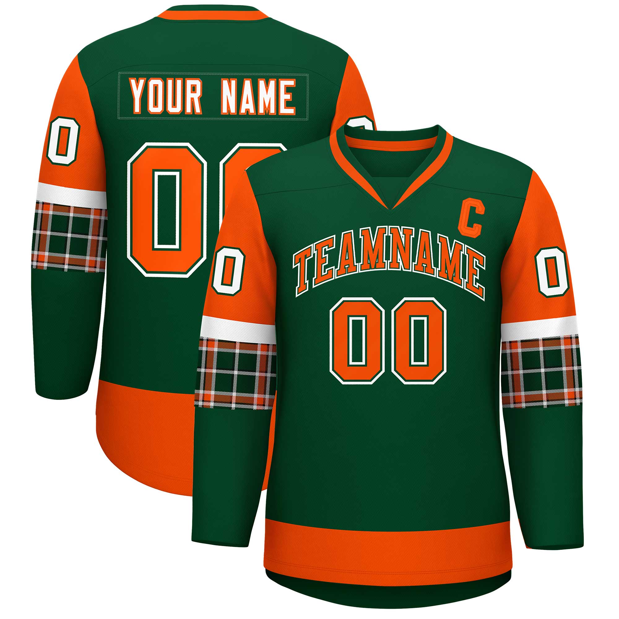 Custom Green Orange-White Personalized Raglan Sleeves V-Neck Hockey Jersey | KXKSHOP