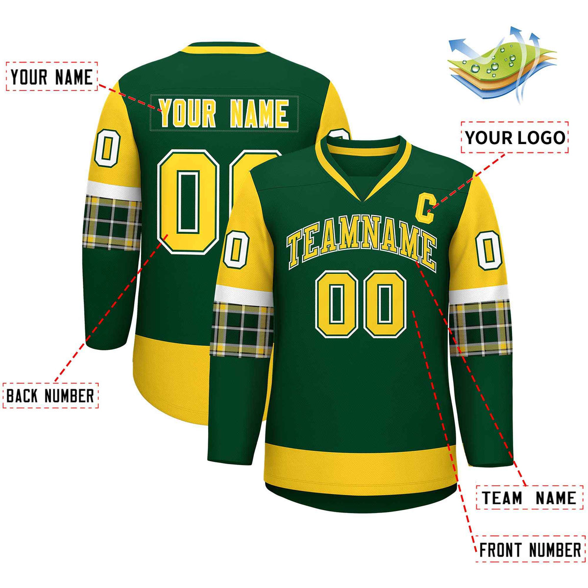 Custom Green Gold-White Personalized Raglan Sleeves V-Neck Hockey Jersey | KXKSHOP