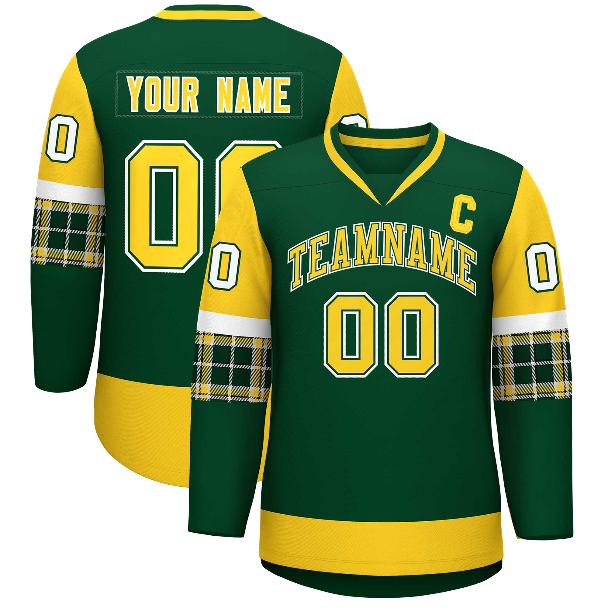 Custom Green Gold-White Personalized Raglan Sleeves V-Neck Hockey Jersey | KXKSHOP