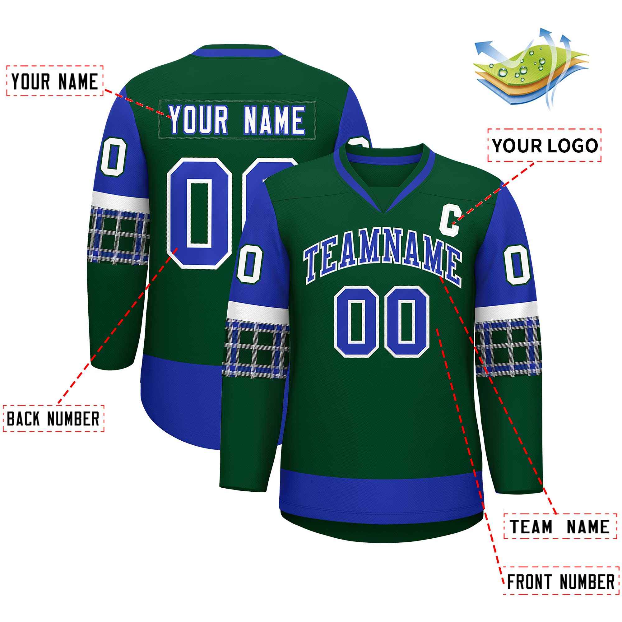 Custom Green Royal-White Personalized Raglan Sleeves V-Neck Hockey Jersey | KXKSHOP