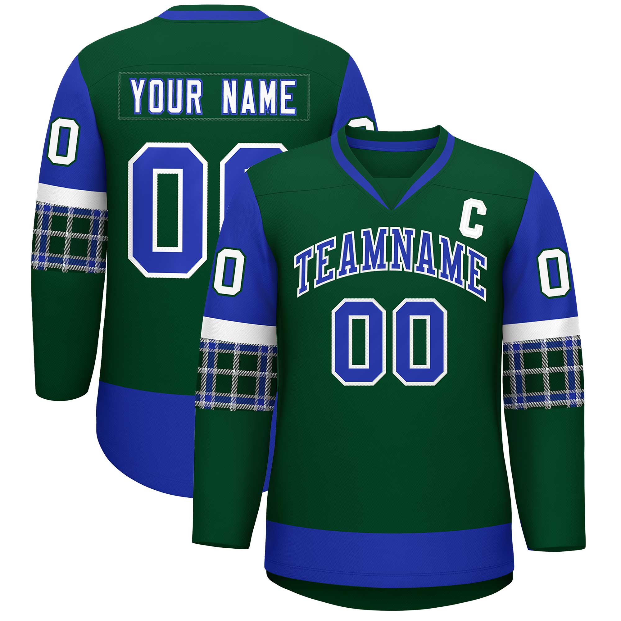 Custom Green Royal-White Personalized Raglan Sleeves V-Neck Hockey Jersey | KXKSHOP