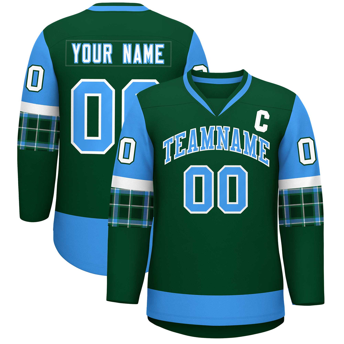 Custom Green Powder Blue-White Personalized Raglan Sleeves V-Neck Hockey Jersey | KXKSHOP