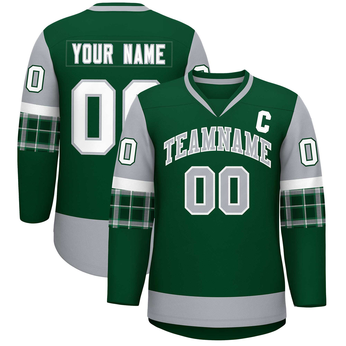 Custom Green Gray-White Personalized Raglan Sleeves V-Neck Hockey Jersey | KXKSHOP