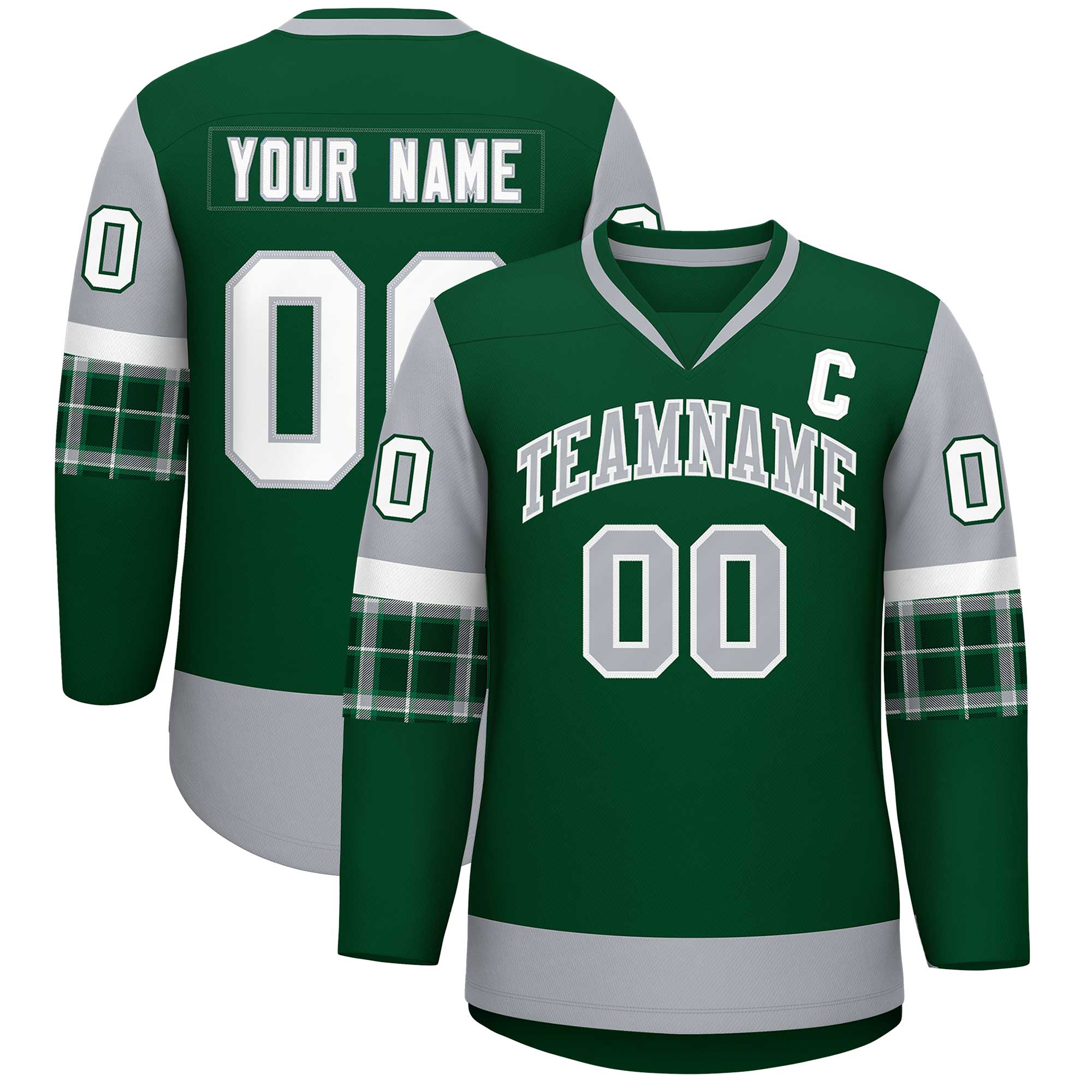 Custom Green Gray-White Personalized Raglan Sleeves V-Neck Hockey Jersey | KXKSHOP