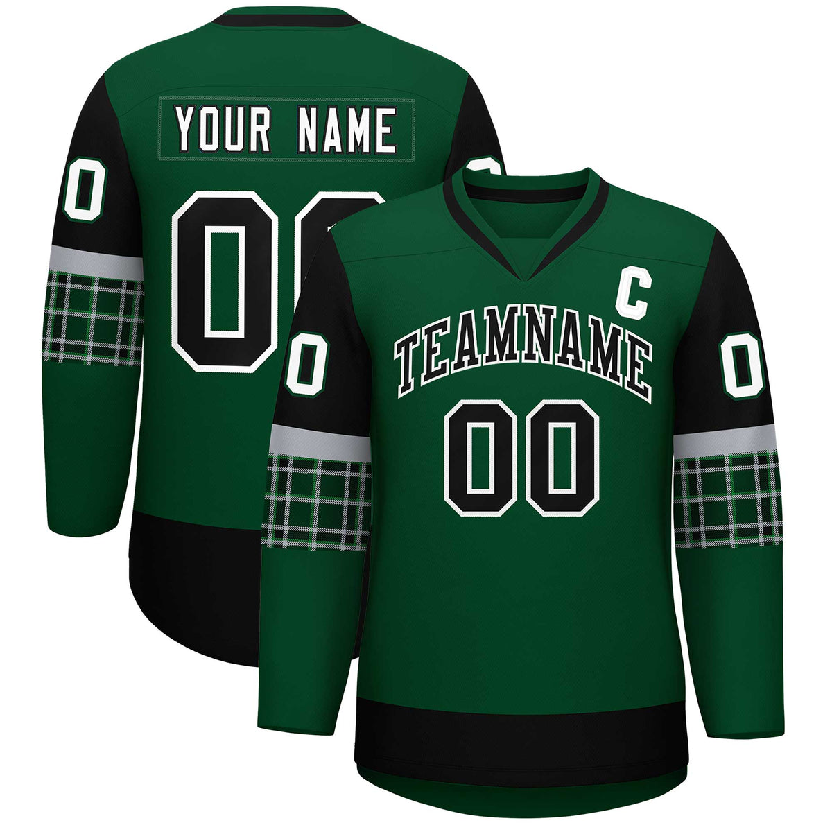Custom Green Black-White Personalized Raglan Sleeves V-Neck Hockey Jersey | KXKSHOP
