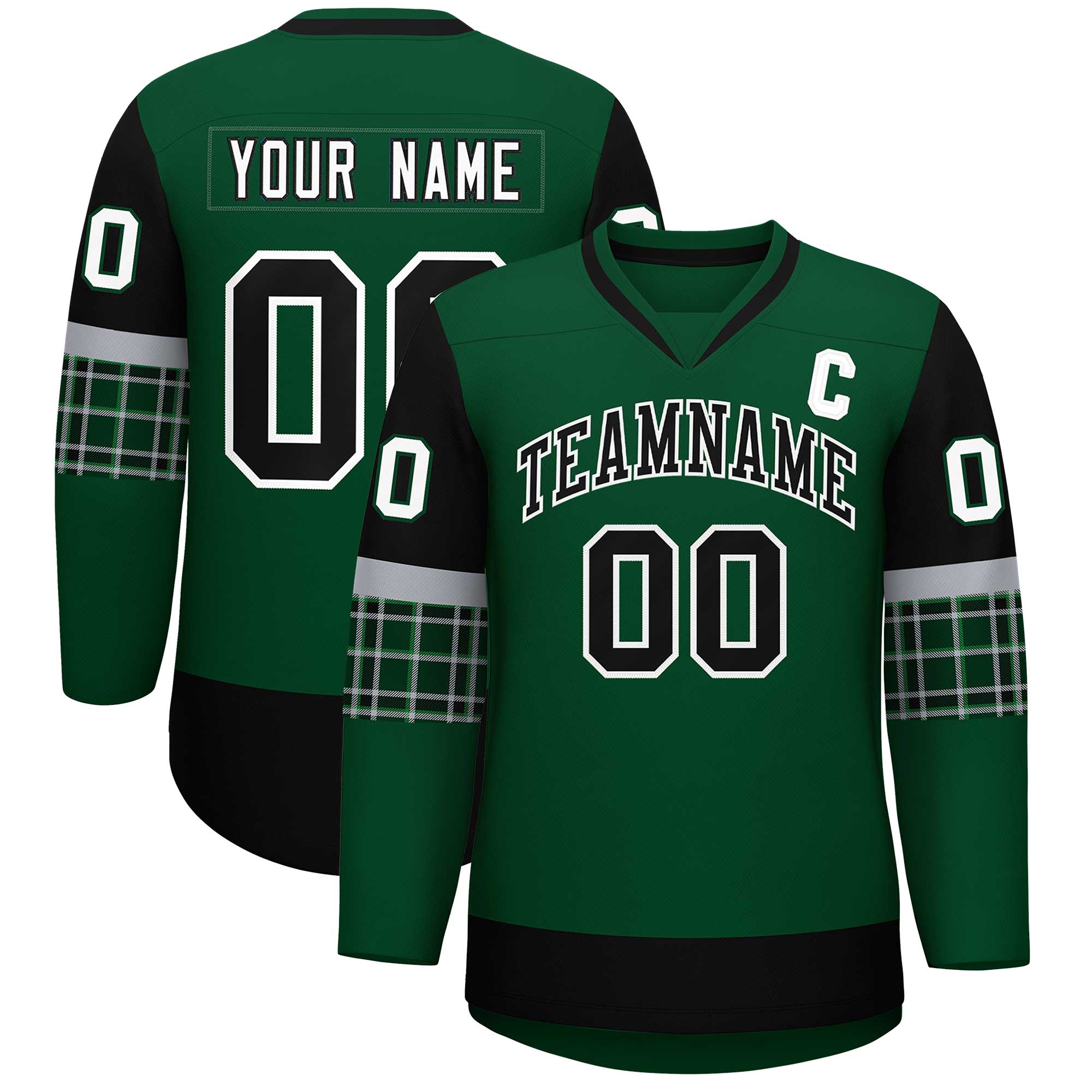 Custom Green Black-White Personalized Raglan Sleeves V-Neck Hockey Jersey | KXKSHOP