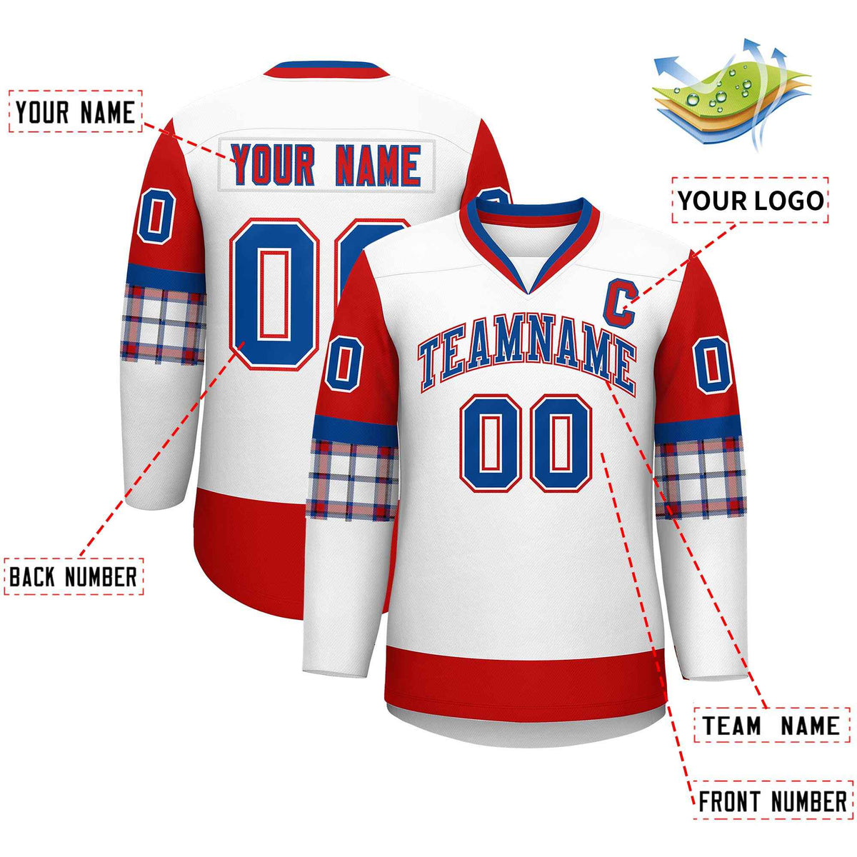 Custom White Red-Royal Personalized Raglan Sleeves V-Neck Hockey Jersey | KXKSHOP