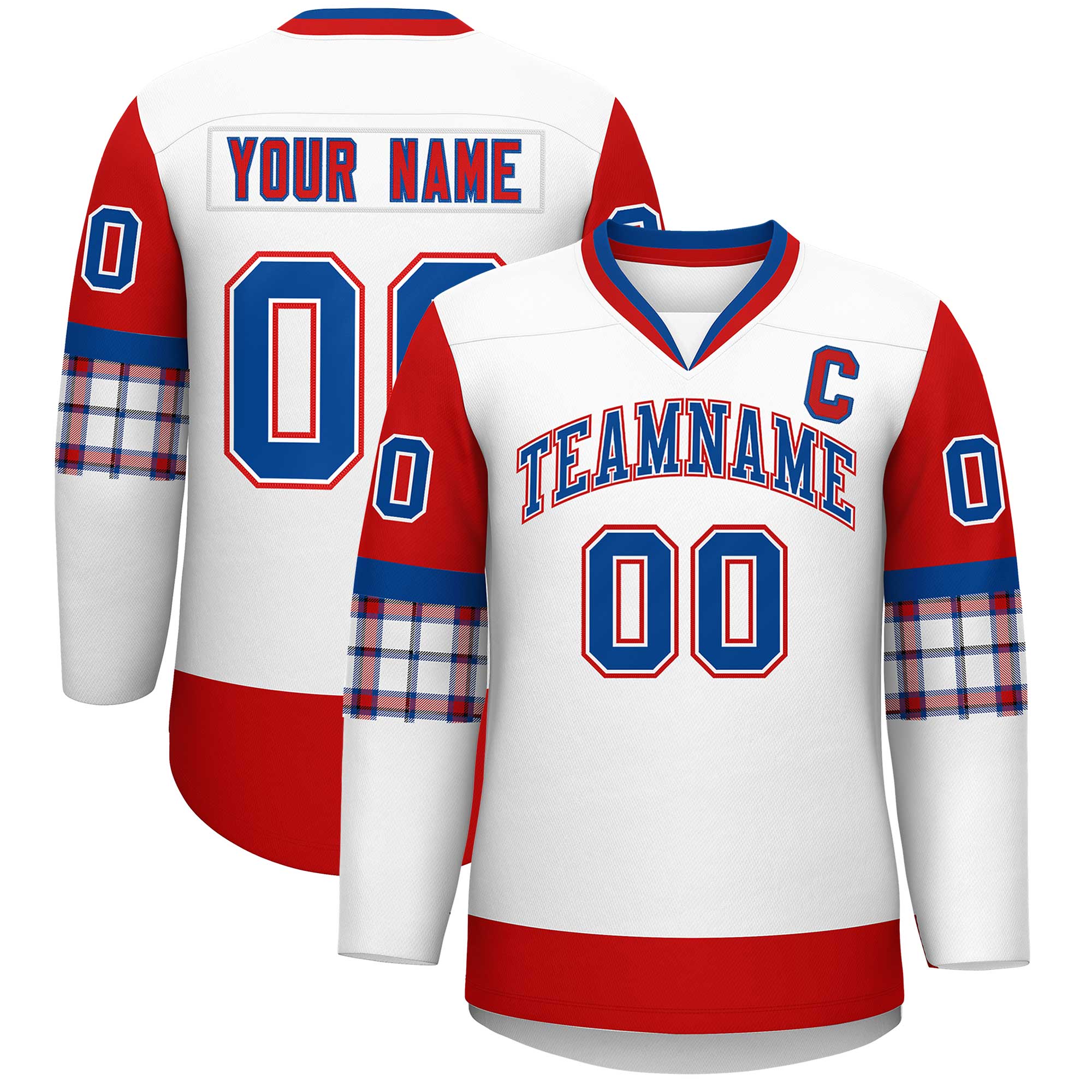 Custom White Red-Royal Personalized Raglan Sleeves V-Neck Hockey Jersey | KXKSHOP