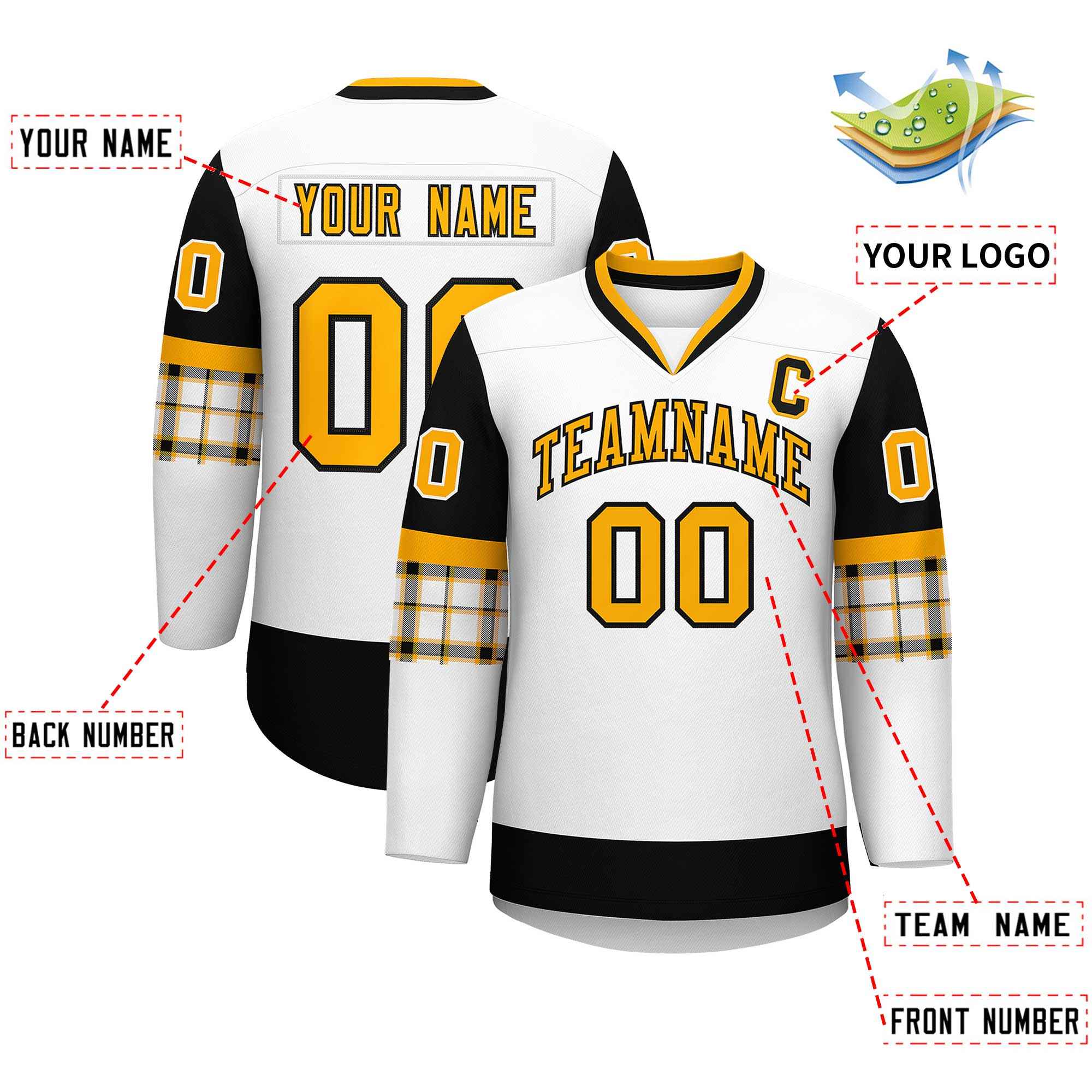 Custom White Black-Yellow Personalized Raglan Sleeves V-Neck Hockey Jersey | KXKSHOP