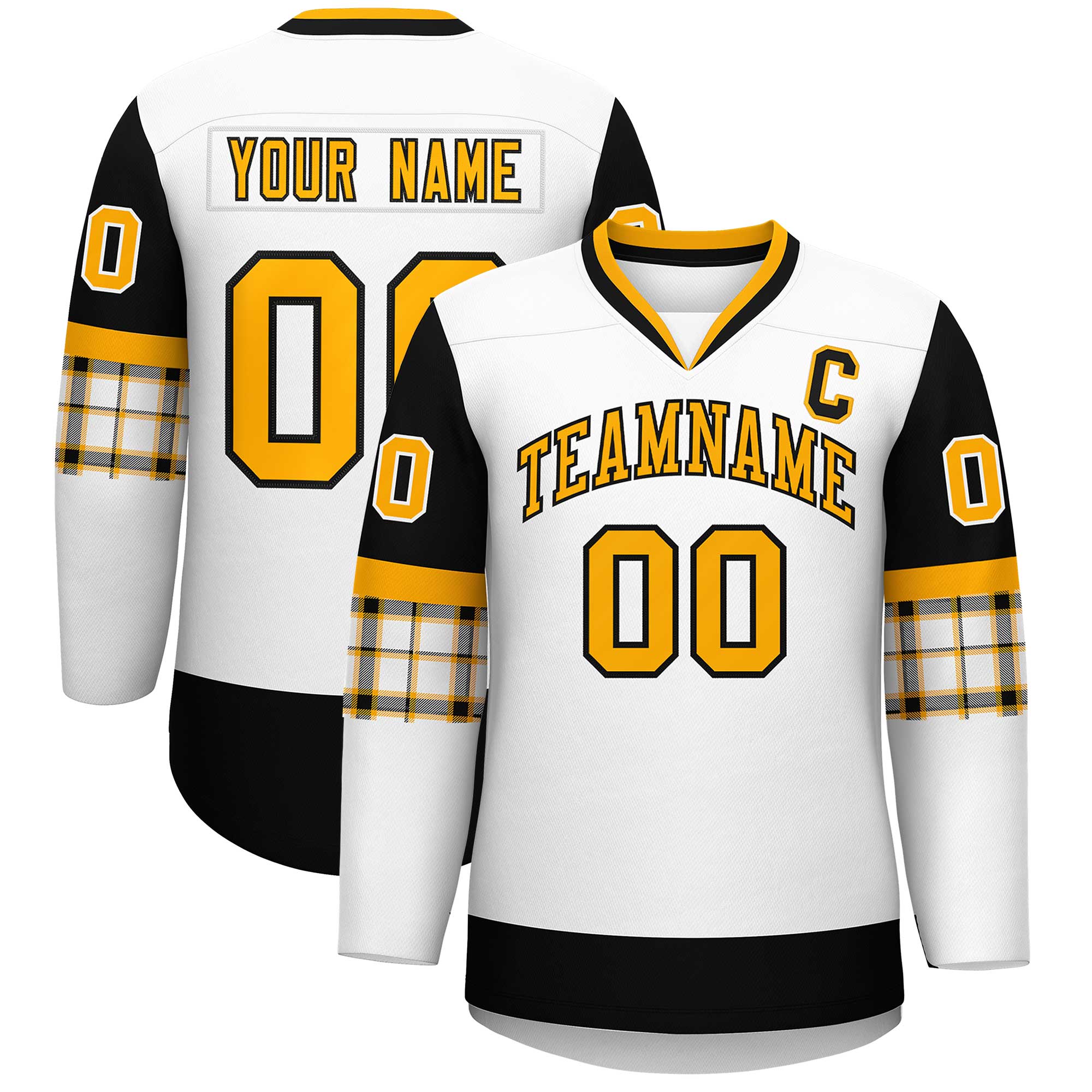 Custom White Black-Yellow Personalized Raglan Sleeves V-Neck Hockey Jersey | KXKSHOP