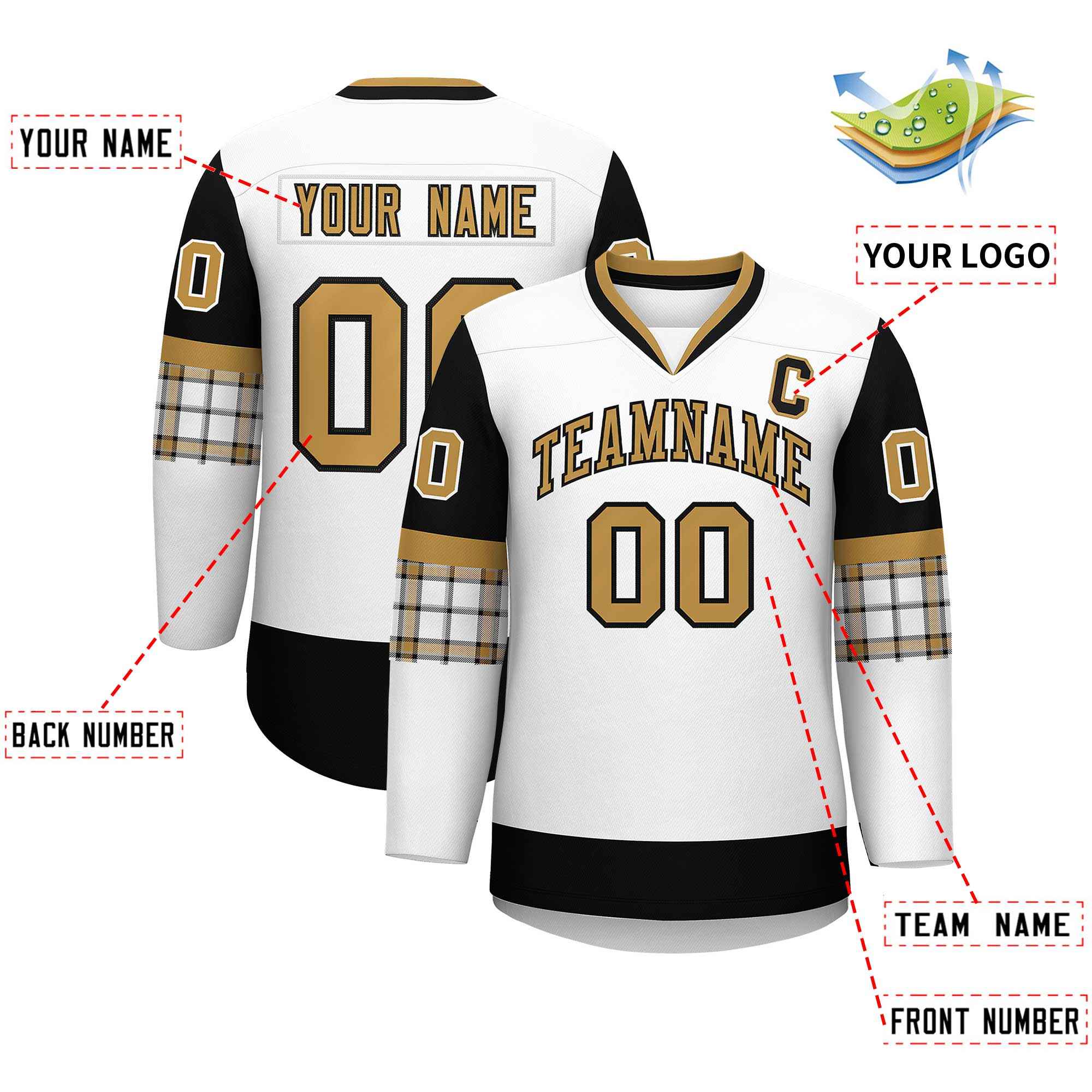 Custom White Black-Old Gold Personalized Raglan Sleeves V-Neck Hockey Jersey | KXKSHOP