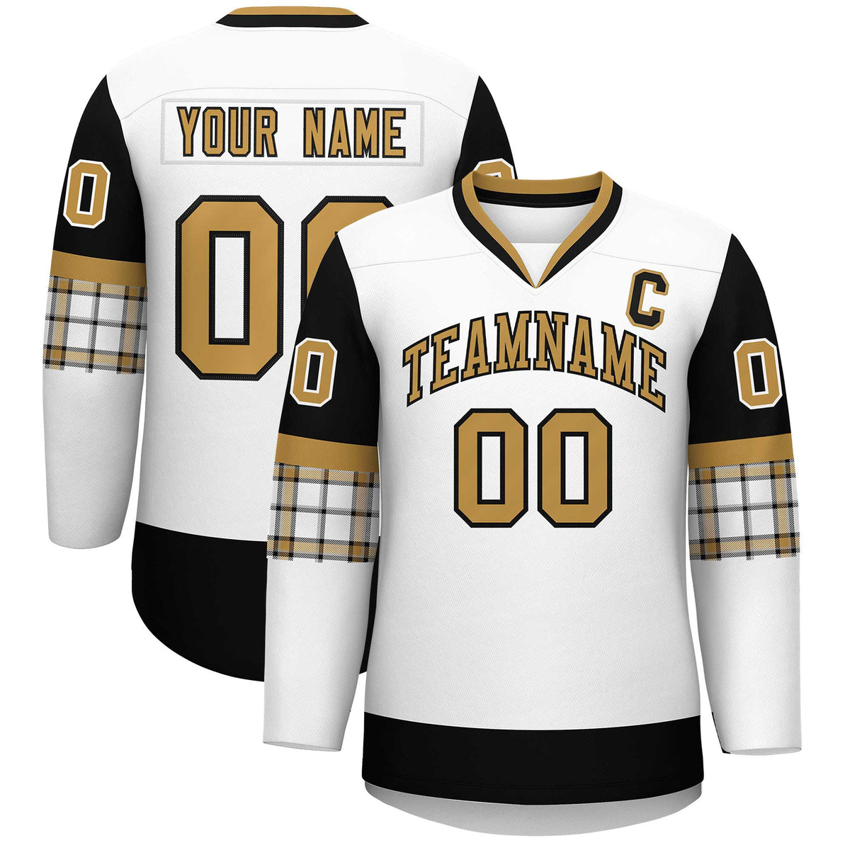 Custom White Black-Old Gold Personalized Raglan Sleeves V-Neck Hockey Jersey | KXKSHOP