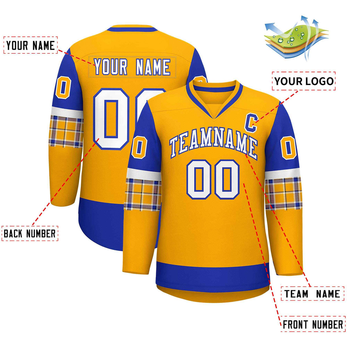 Custom Yellow Royal-White Personalized Raglan Sleeves V-Neck Hockey Jersey | KXKSHOP