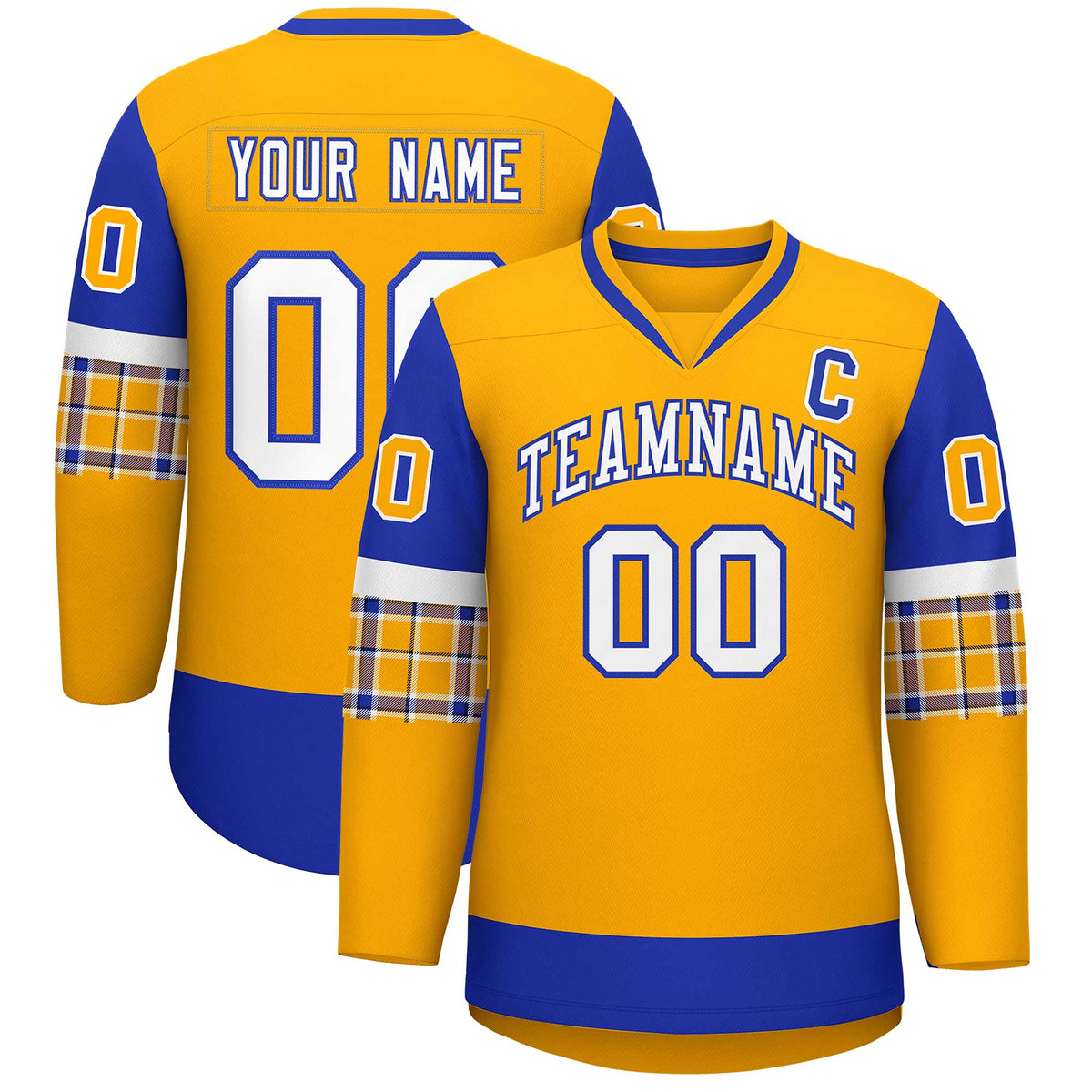 Custom Yellow Royal-White Personalized Raglan Sleeves V-Neck Hockey Jersey | KXKSHOP