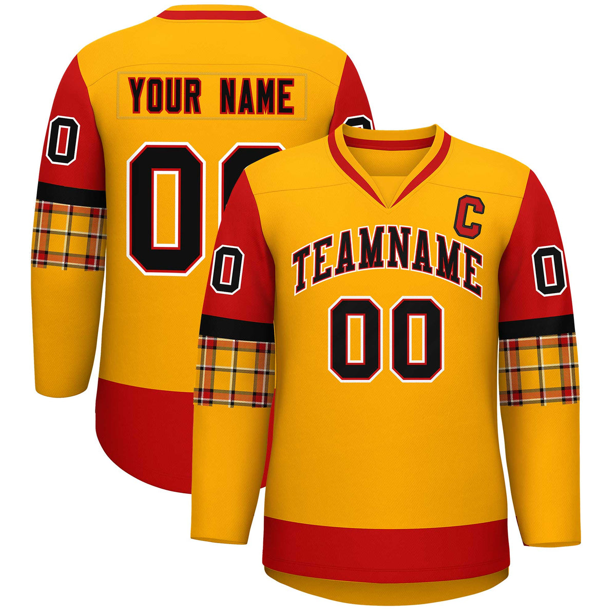 Custom Yellow Red-Black Personalized Raglan Sleeves V-Neck Hockey Jersey | KXKSHOP
