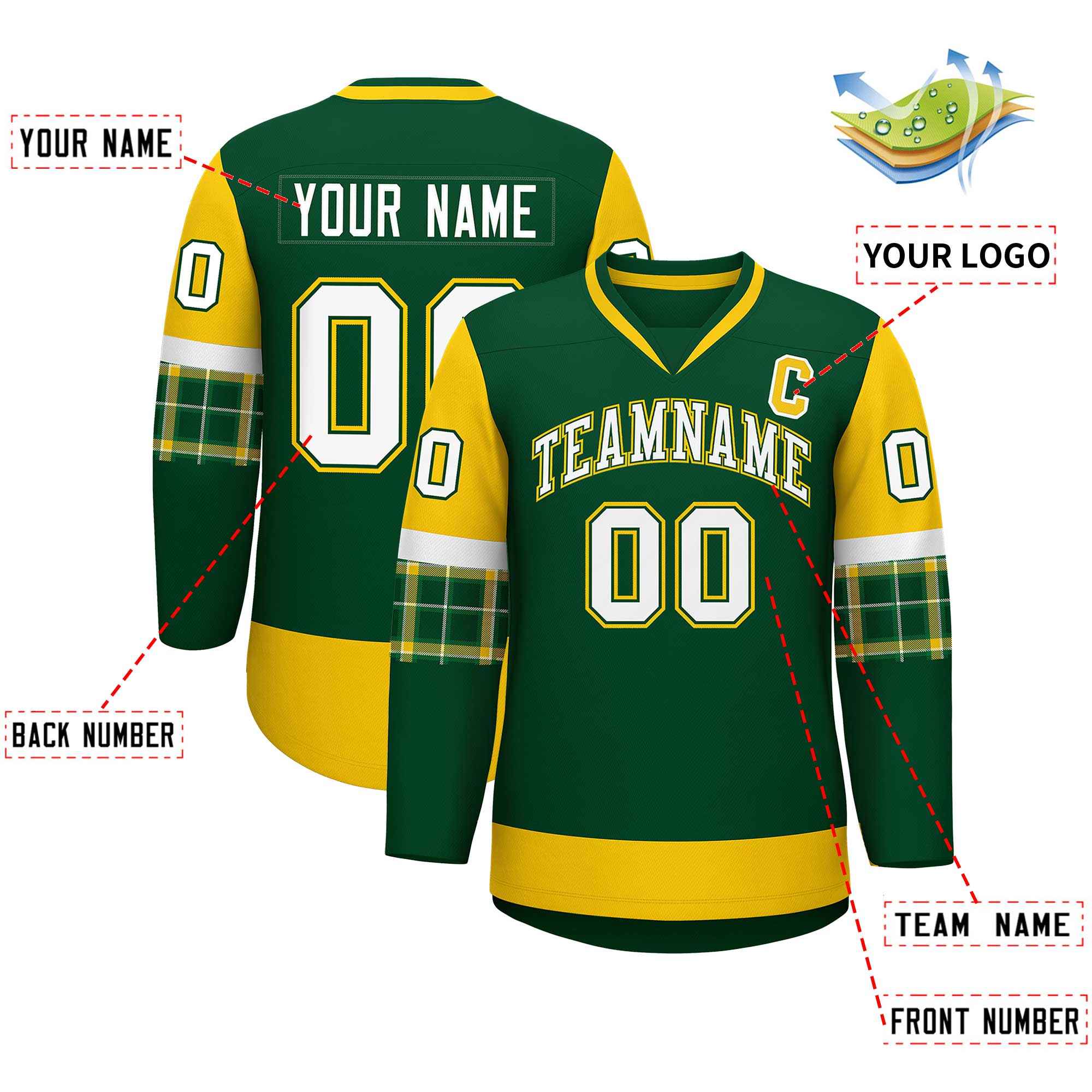 Custom Green Gold-White Personalized Raglan Sleeves V-Neck Hockey Jersey | KXKSHOP
