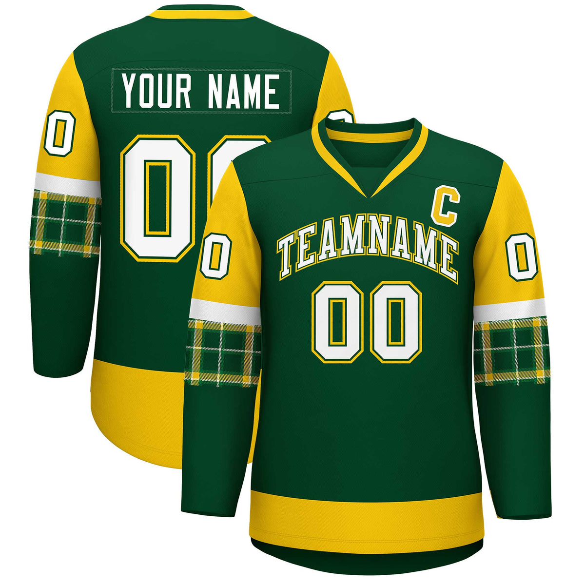 Custom Green Gold-White Personalized Raglan Sleeves V-Neck Hockey Jersey | KXKSHOP