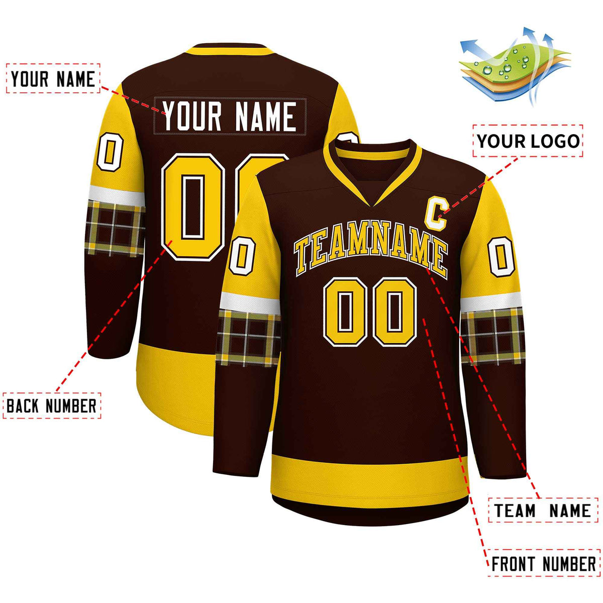 Custom Brown Gold-White Personalized Raglan Sleeves V-Neck Hockey Jersey | KXKSHOP