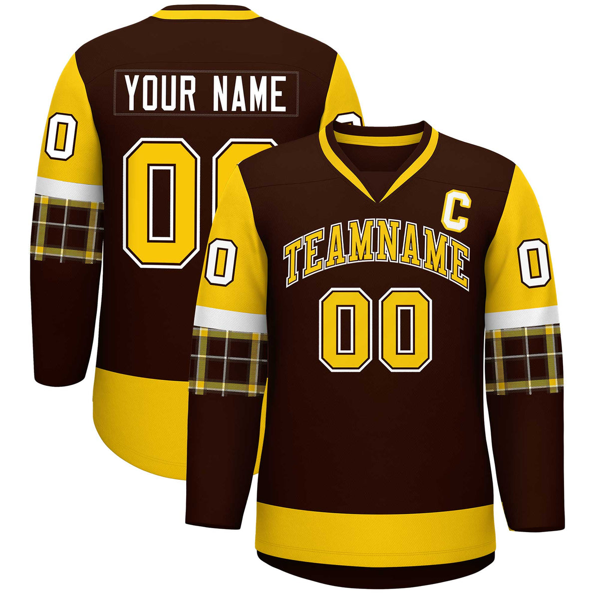 Custom Brown Gold-White Personalized Raglan Sleeves V-Neck Hockey Jersey | KXKSHOP