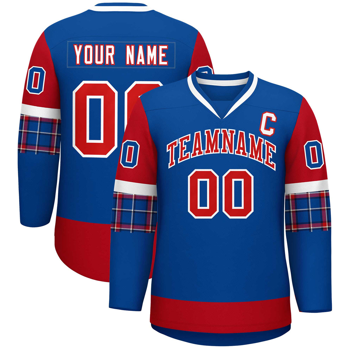 Custom Royal Red-White Personalized Raglan Sleeves V-Neck Hockey Jersey | KXKSHOP