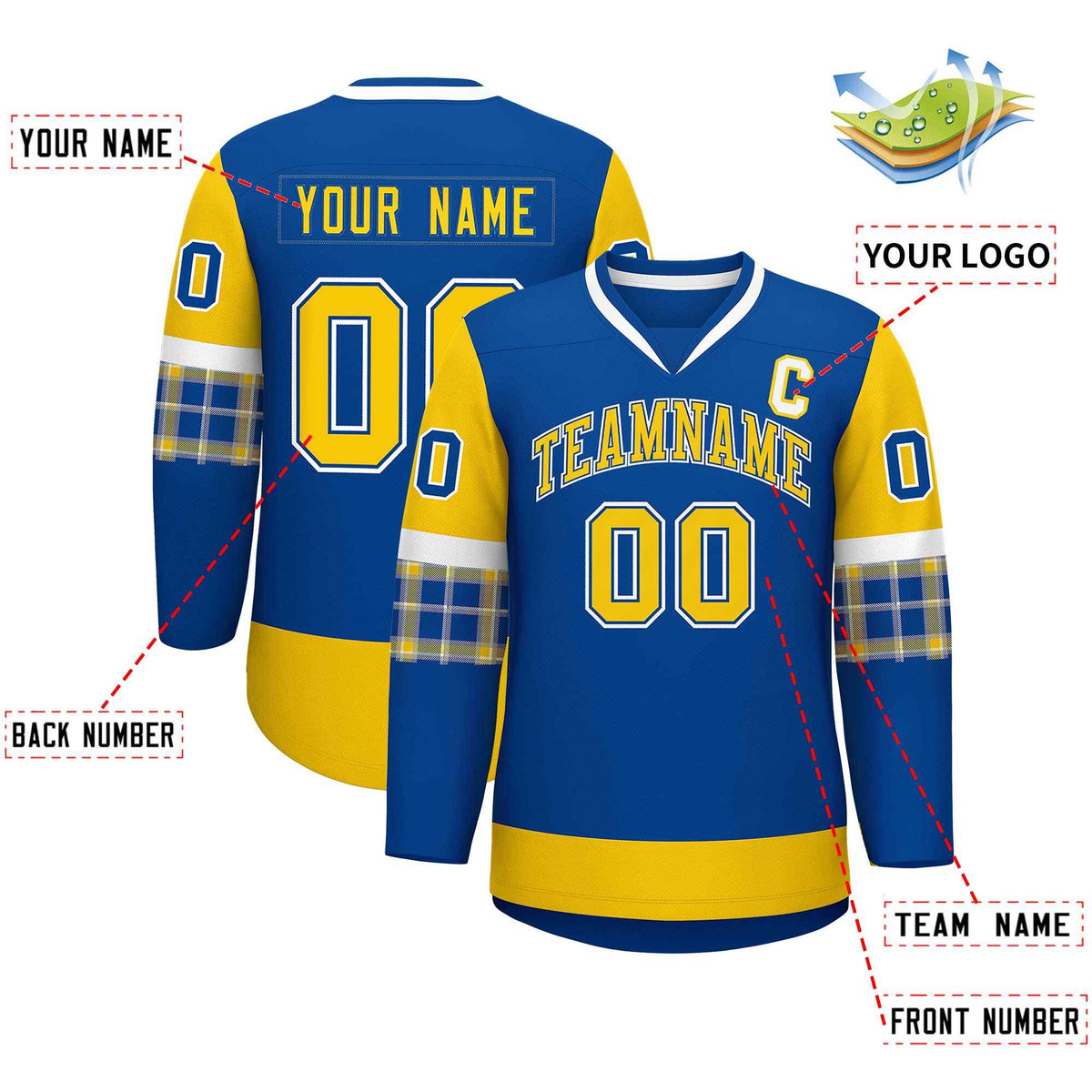Custom Royal Gold-White Personalized Raglan Sleeves V-Neck Hockey Jersey | KXKSHOP