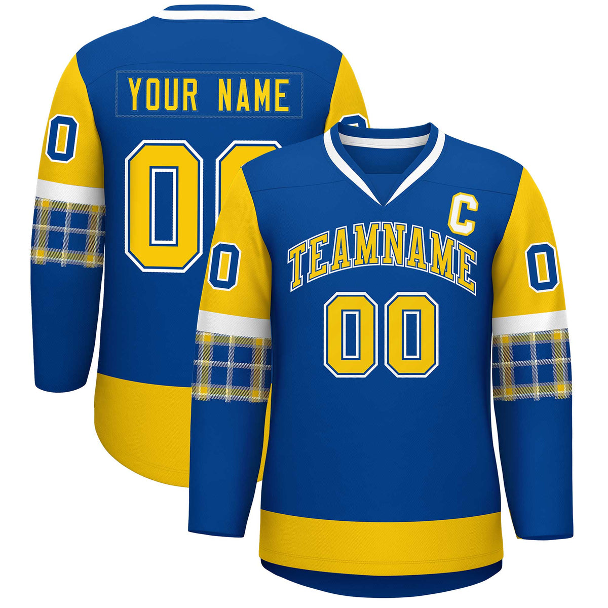 Custom Royal Gold-White Personalized Raglan Sleeves V-Neck Hockey Jersey | KXKSHOP