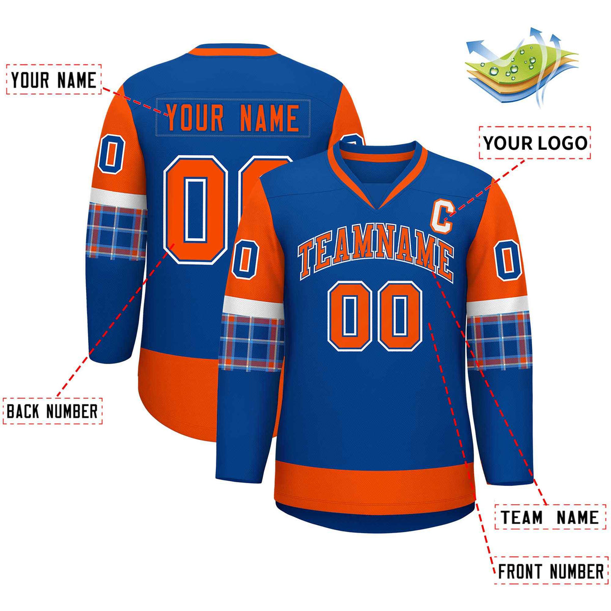 Custom Royal Orange-White Personalized Raglan Sleeves V-Neck Hockey Jersey | KXKSHOP