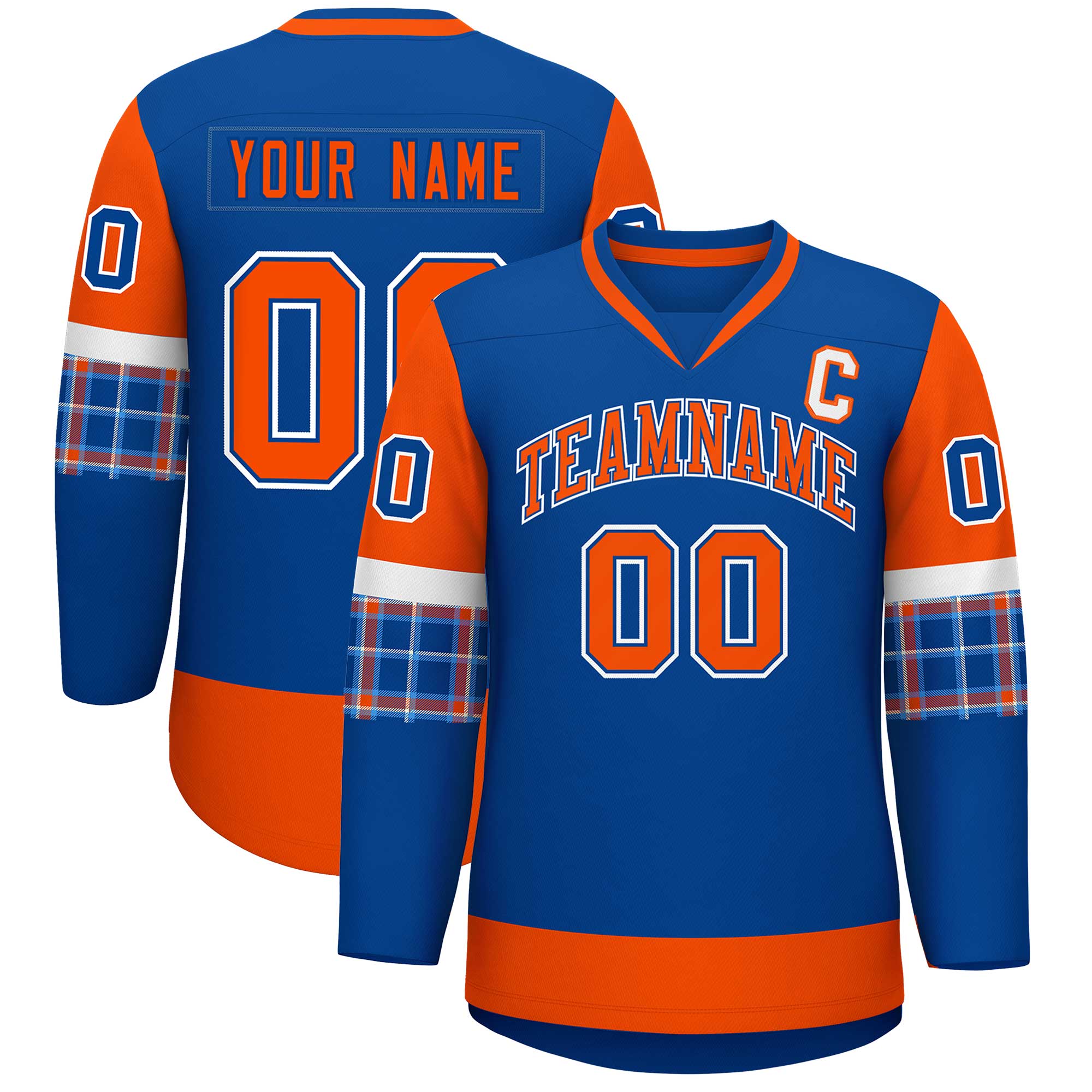 Custom Royal Orange-White Personalized Raglan Sleeves V-Neck Hockey Jersey | KXKSHOP