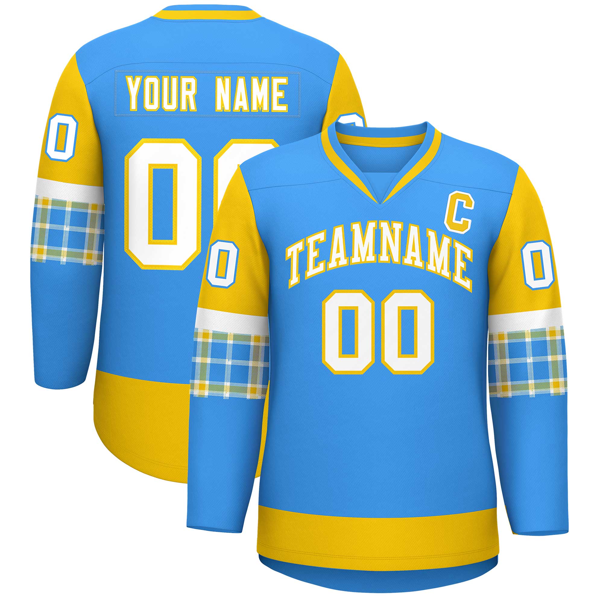 Custom Powder Blue Gold-White Personalized Raglan Sleeves V-Neck Hockey Jersey | KXKSHOP
