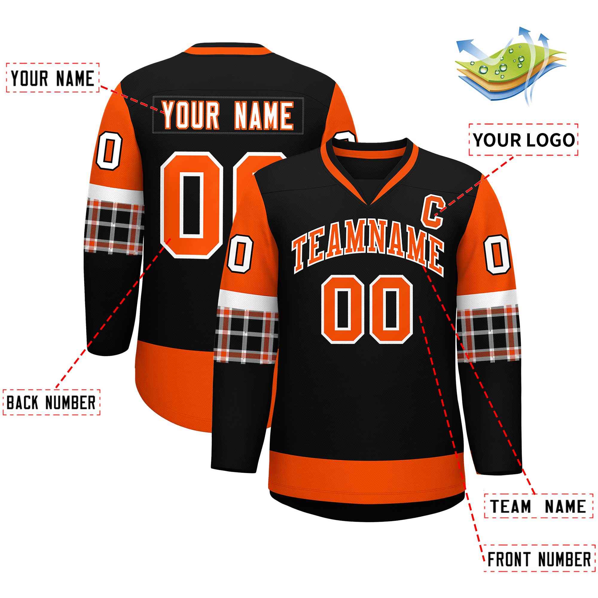 Custom Black Orange-White Personalized Raglan Sleeves V-Neck Hockey Jersey | KXKSHOP