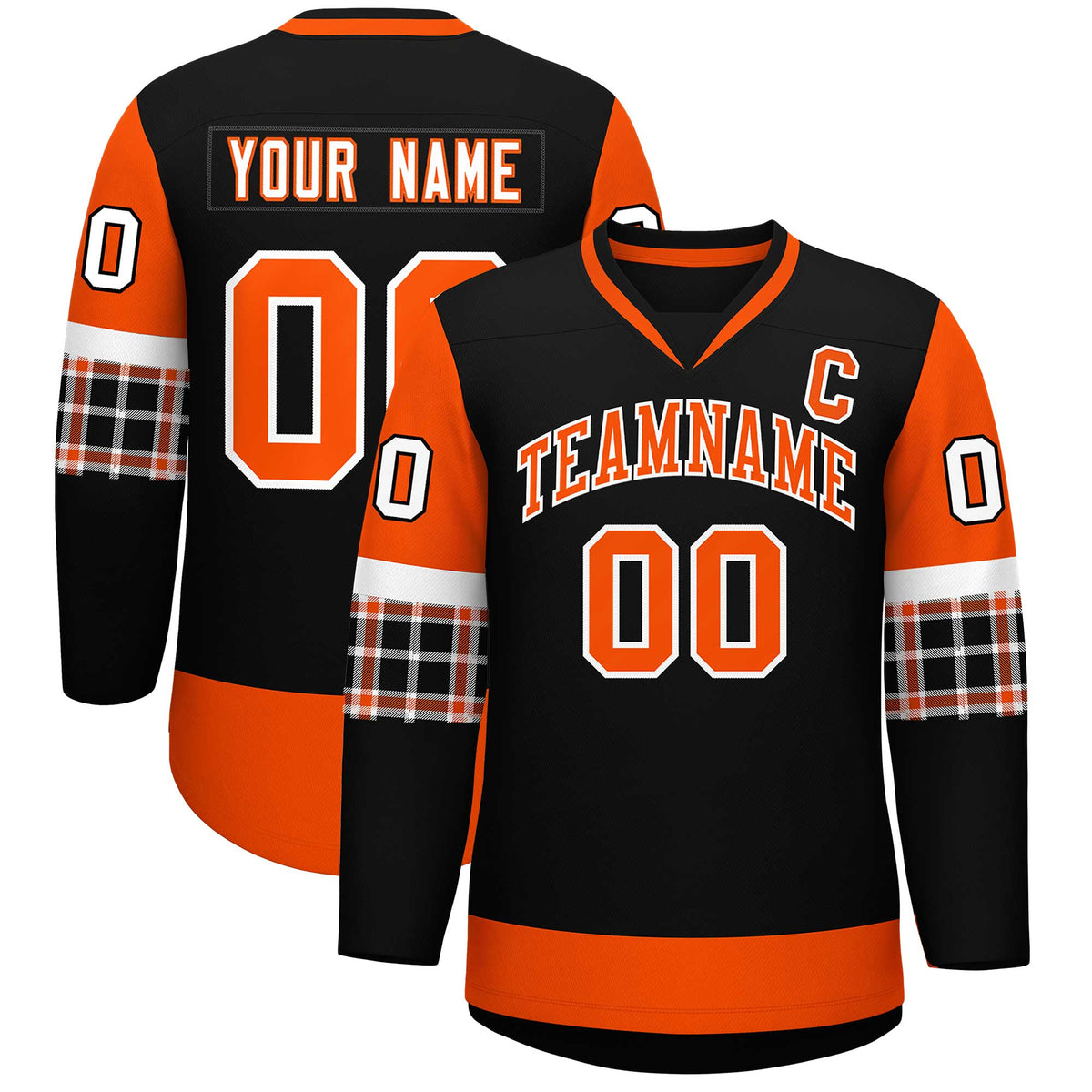 Custom Black Orange-White Personalized Raglan Sleeves V-Neck Hockey Jersey | KXKSHOP