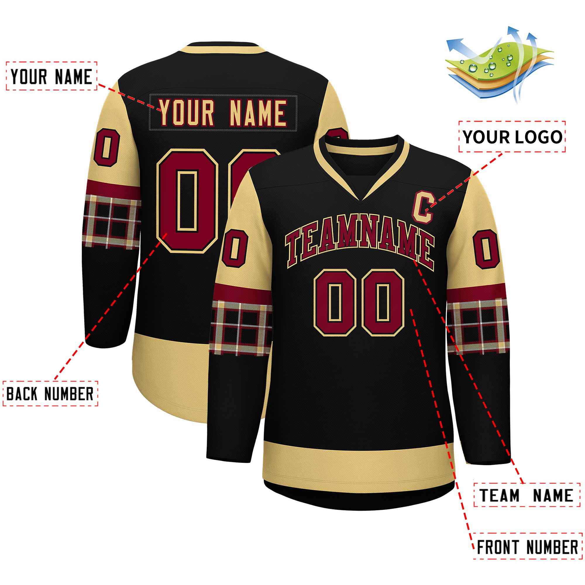 Custom Black Khaki-Crimson Personalized Raglan Sleeves V-Neck Hockey Jersey | KXKSHOP