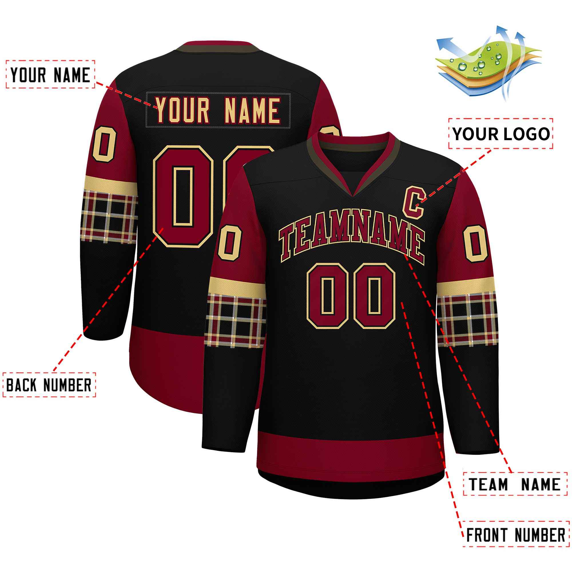 Custom Black Crimson-Khaki Personalized Raglan Sleeves V-Neck Hockey Jersey | KXKSHOP