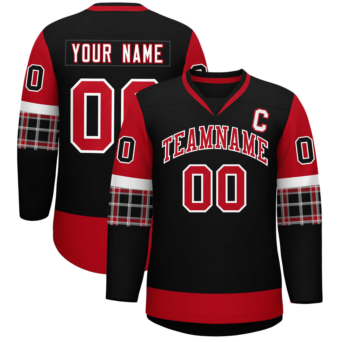 Custom Black Red-White Personalized Raglan Sleeves V-Neck Hockey Jersey | KXKSHOP