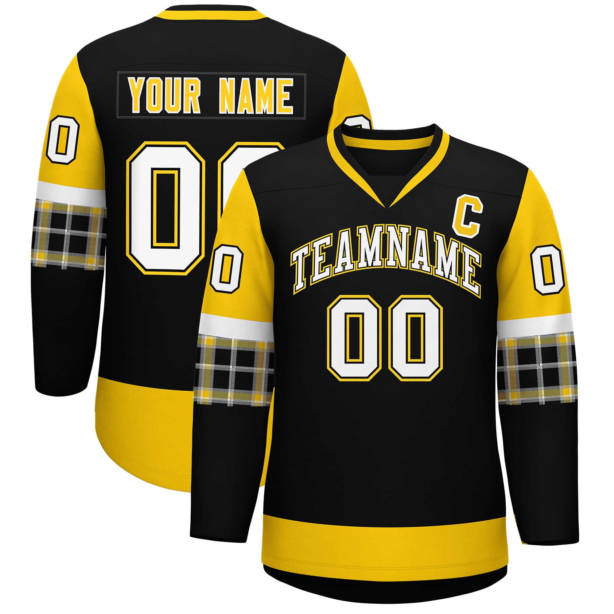 Custom Black Gold-White Personalized Raglan Sleeves V-Neck Hockey Jersey | KXKSHOP