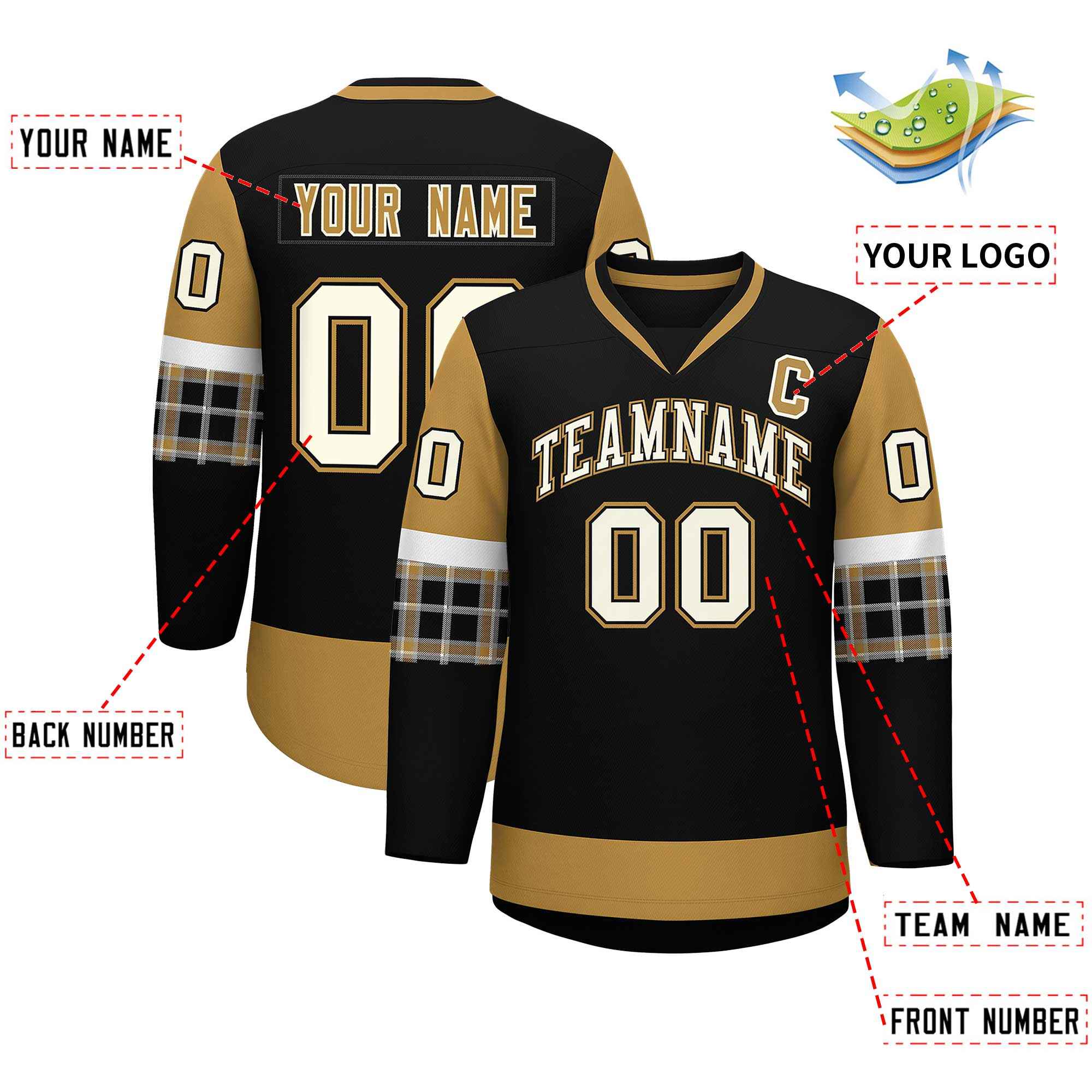 Custom Black Old Gold-White Personalized Raglan Sleeves V-Neck Hockey Jersey | KXKSHOP