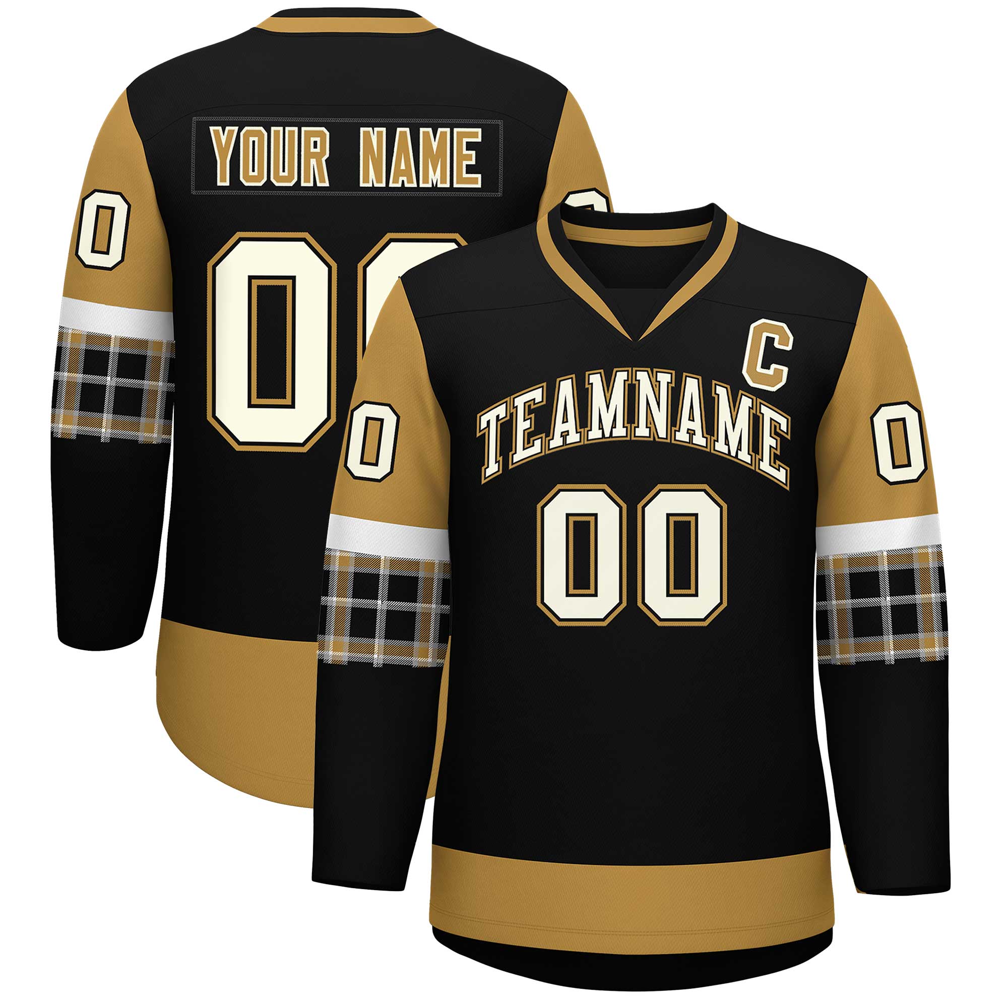 Custom Black Old Gold-White Personalized Raglan Sleeves V-Neck Hockey Jersey | KXKSHOP