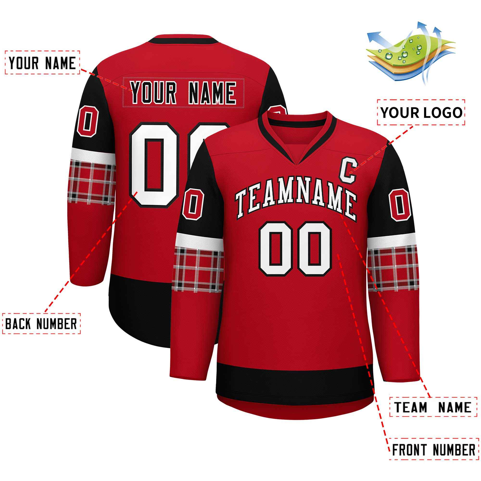 Custom Red Black-White Personalized Raglan Sleeves V-Neck Hockey Jersey | KXKSHOP