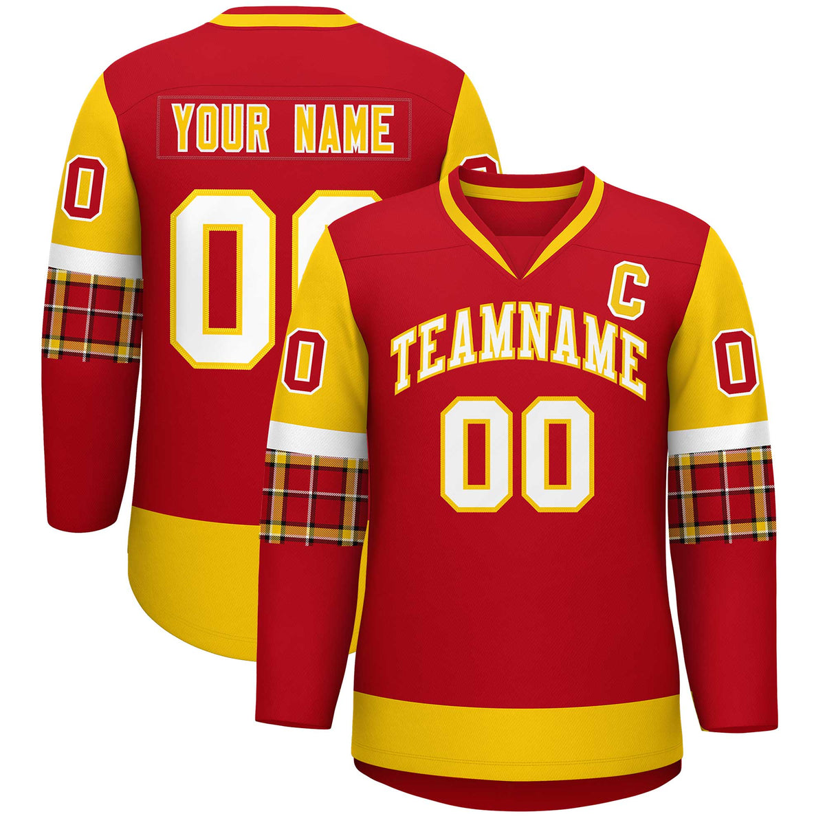 Custom Red Gold-White Personalized Raglan Sleeves V-Neck Hockey Jersey | KXKSHOP