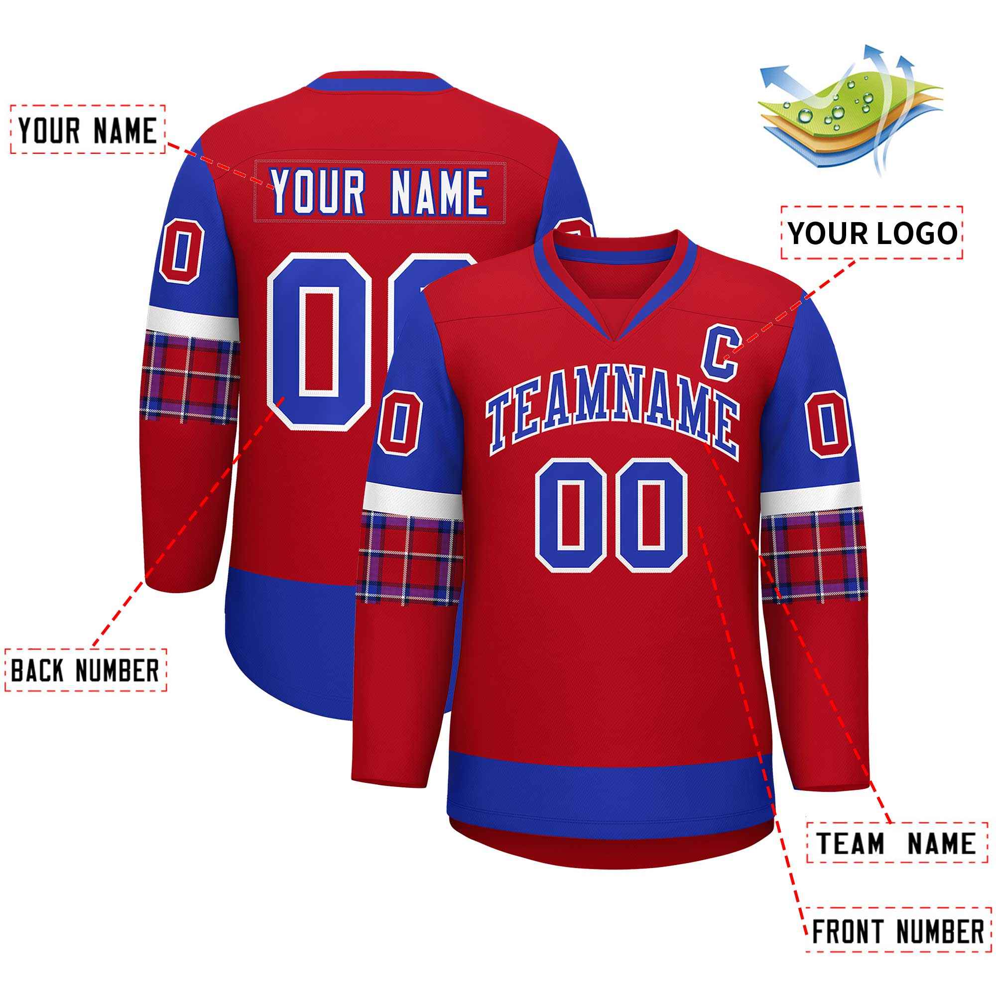 Custom Red Royal-White Personalized Raglan Sleeves V-Neck Hockey Jersey | KXKSHOP