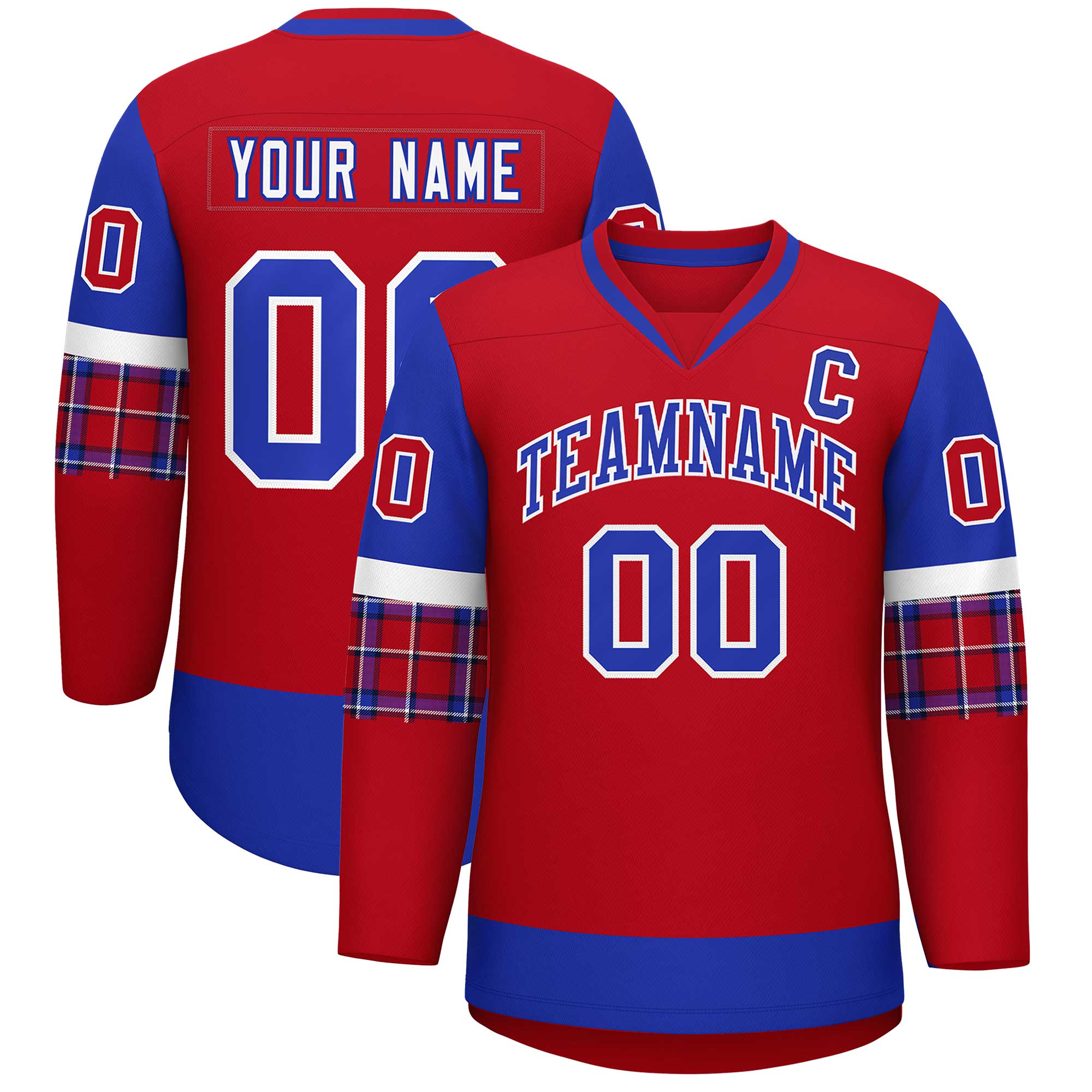Custom Red Royal-White Personalized Raglan Sleeves V-Neck Hockey Jersey | KXKSHOP