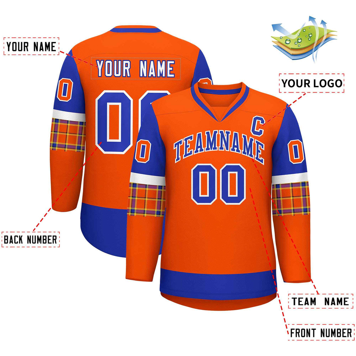 Custom Orange Royal-White Personalized Raglan Sleeves V-Neck Hockey Jersey | KXKSHOP