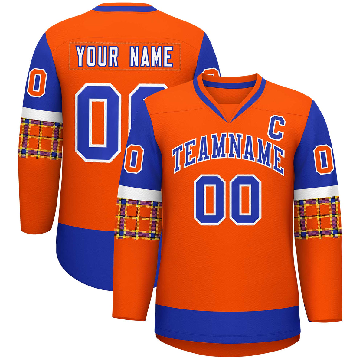 Custom Orange Royal-White Personalized Raglan Sleeves V-Neck Hockey Jersey | KXKSHOP