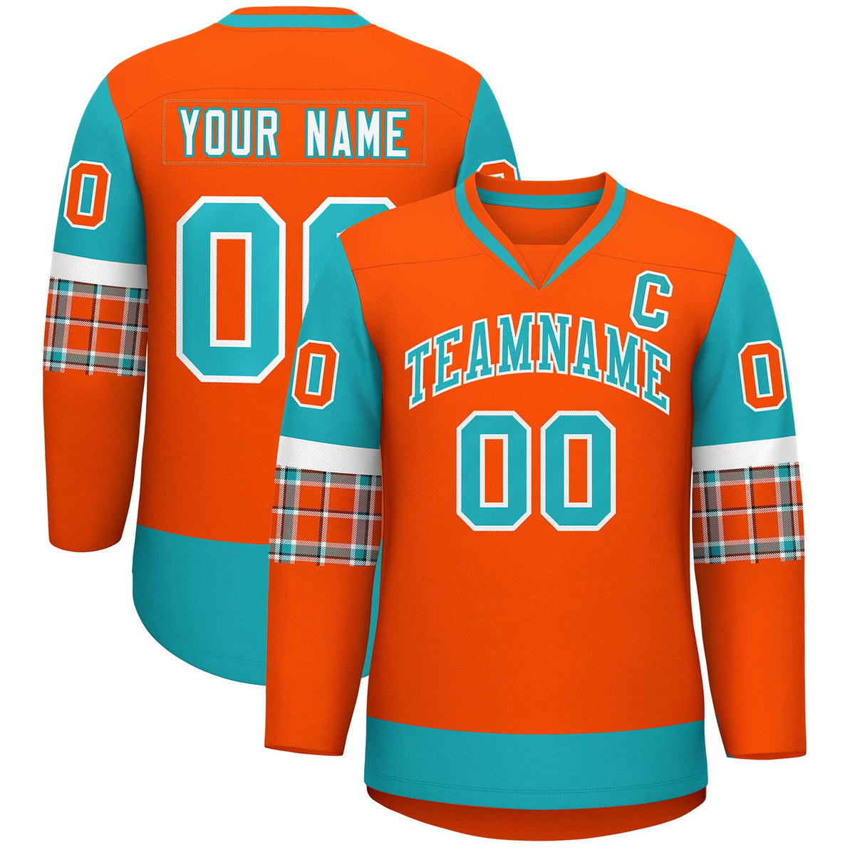 Custom Orange Aqua-White Personalized Raglan Sleeves V-Neck Hockey Jersey | KXKSHOP