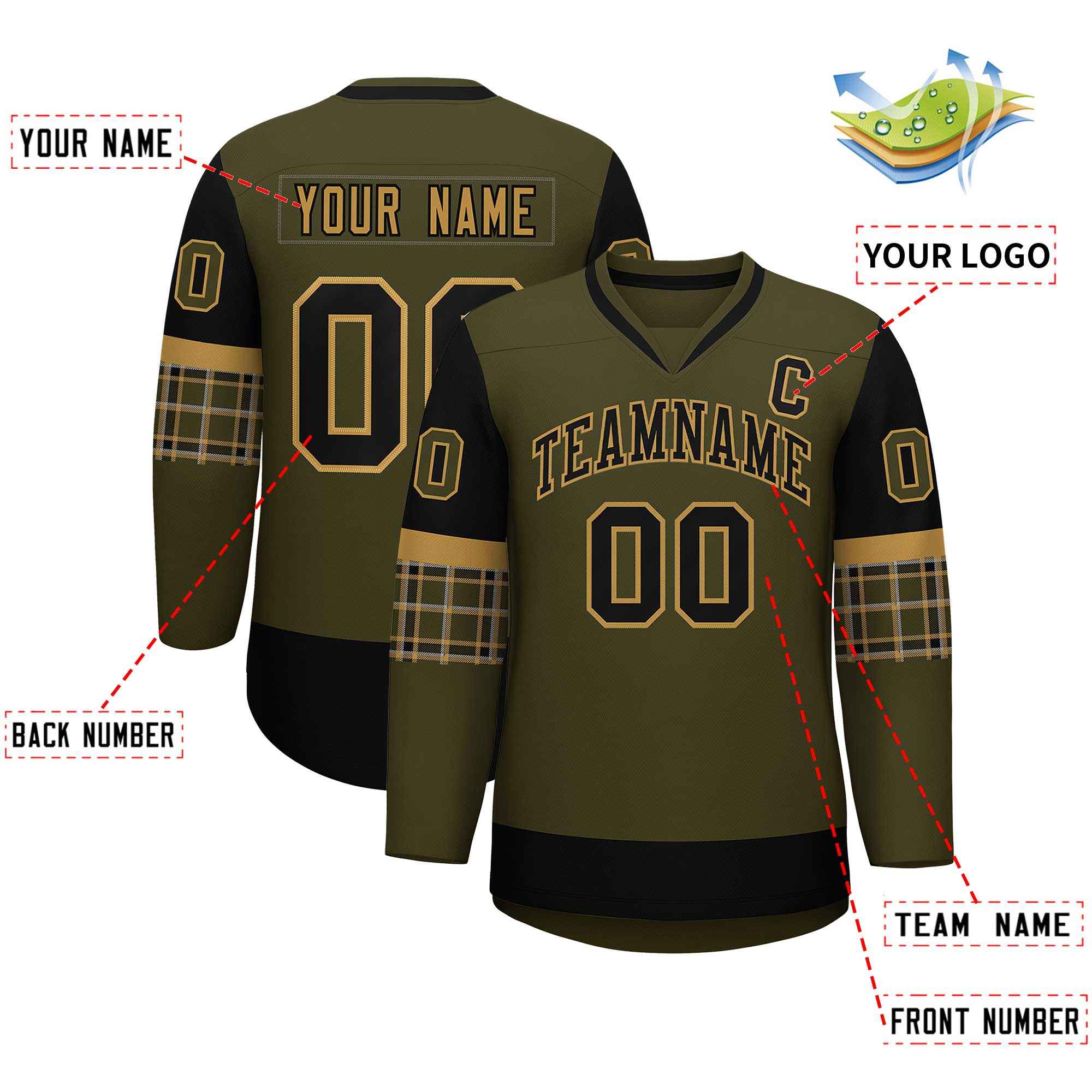 Custom Olive Black-Old Gold Personalized Raglan Sleeves V-Neck Hockey Jersey | KXKSHOP