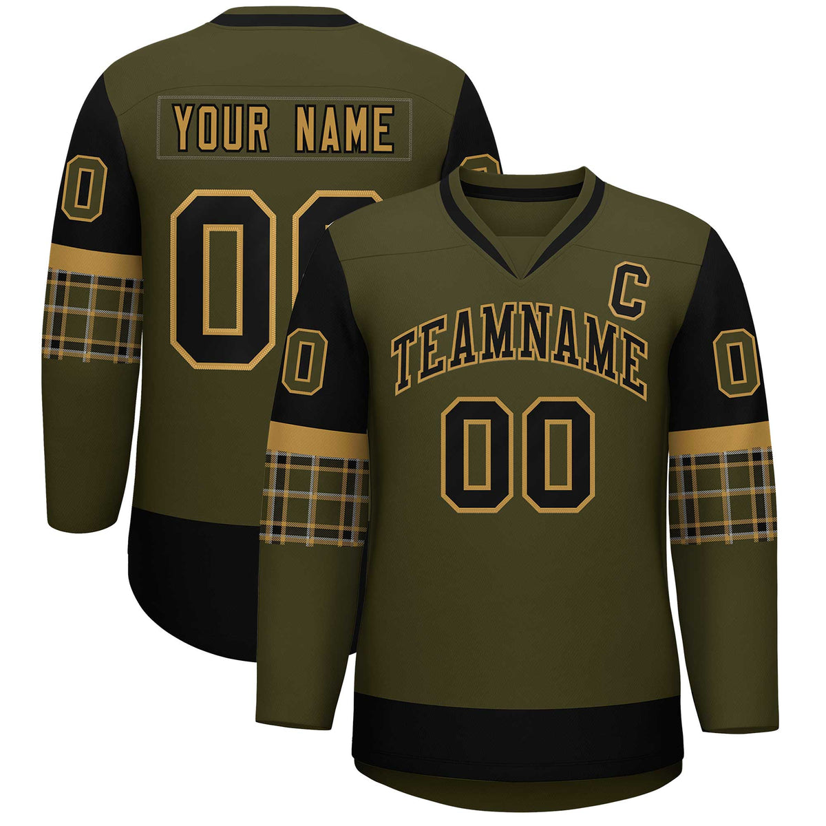 Custom Olive Black-Old Gold Personalized Raglan Sleeves V-Neck Hockey Jersey | KXKSHOP