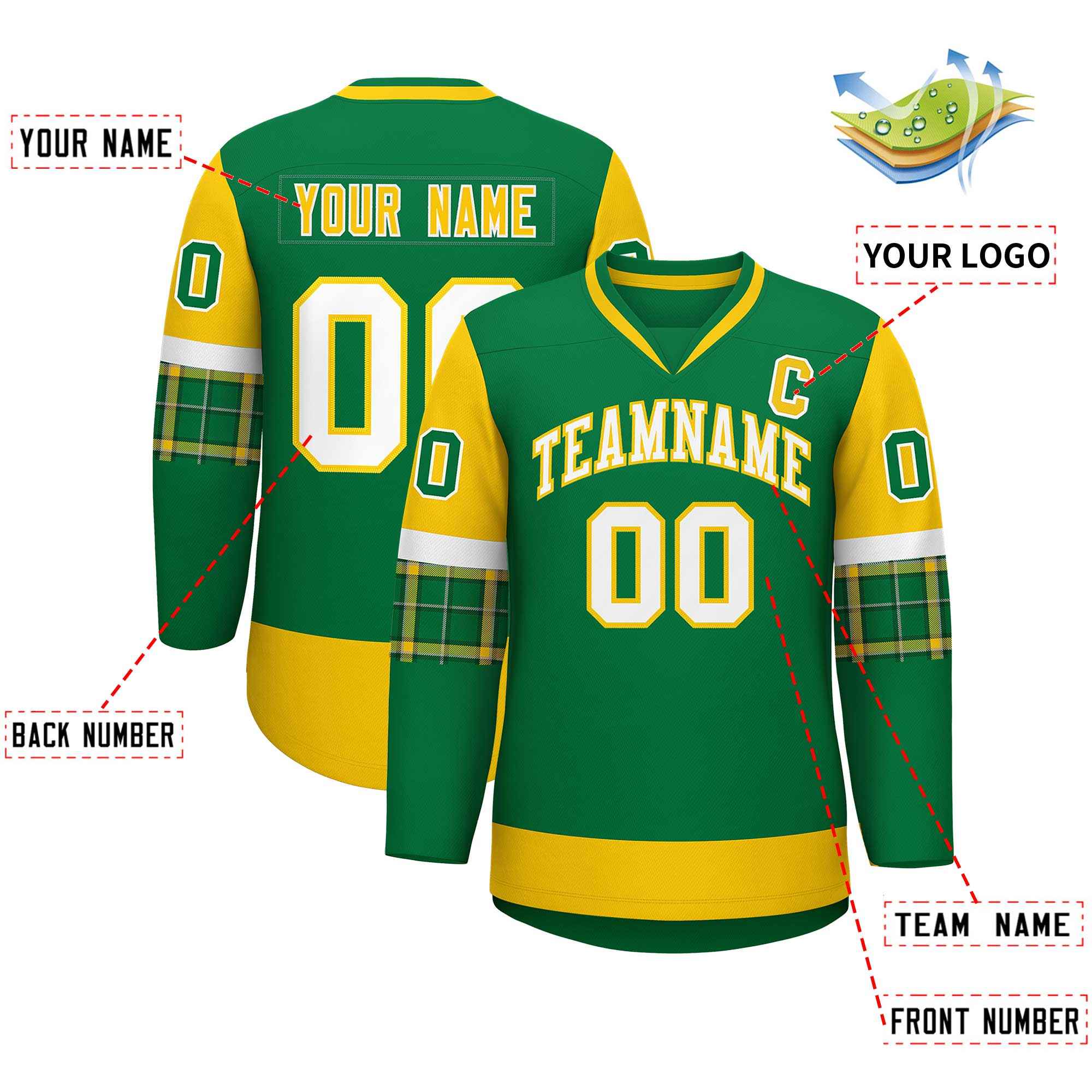 Custom Kelly Green Gold-White Personalized Raglan Sleeves V-Neck Hockey Jersey | KXKSHOP
